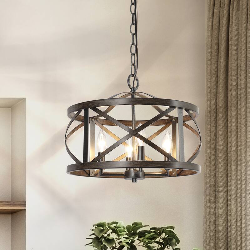 Modern Farmhouse 4-Light Drum Chandelier Wood Grain Lights for Dining Room - D15.5" x H76"