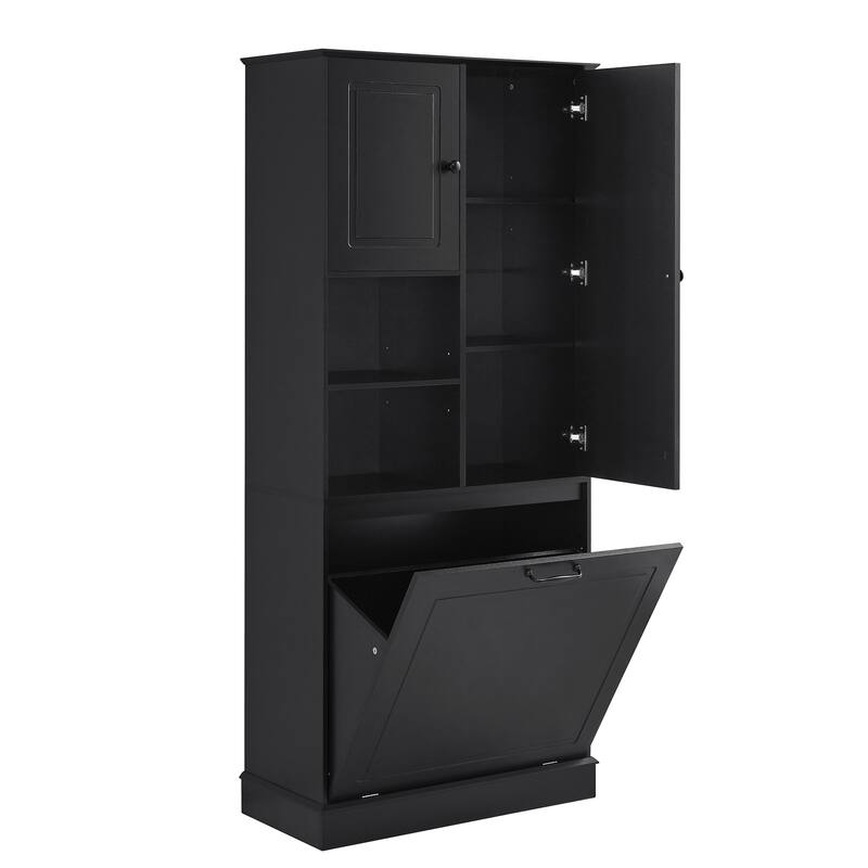 Roomfitters 67" Tall Storage Cabinet with Flip-Out Basket & Adjustable Shelves, MDF Linen Tower for Bathroom & Office