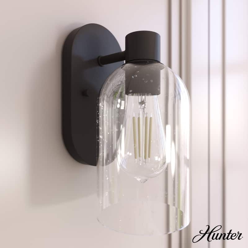 Hunter Lochemeade 1 Light Wall Sconce, Damp Rated - Bathroom, Hallway, Bedroom - Modern Farmhouse, Contemporary, Industrial - Noble Bronze-Clear Seeded Glass