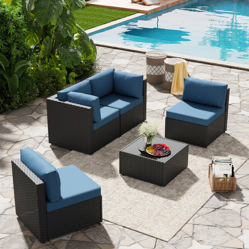 Outdoor 5-Piece Wicker Sectional Sofa Set with Table