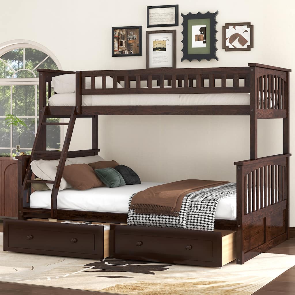 Convertible Twin over Full Bunk Bed with Drawers, Espresso Finish, Sturdy Pine Wood and MDF Construction