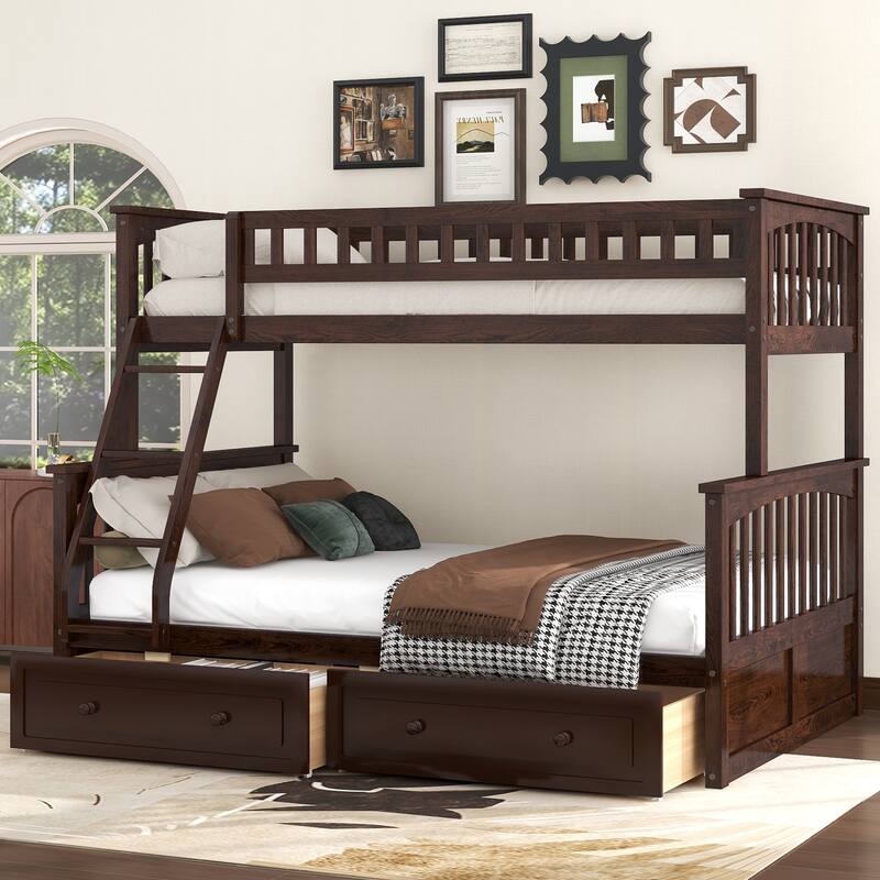 Wooden Storage Bunk Bed Frame with Fence-shaped Guardrails and Pull-out Drawers, Convertible 2 Platform Beds, Detachable Design
