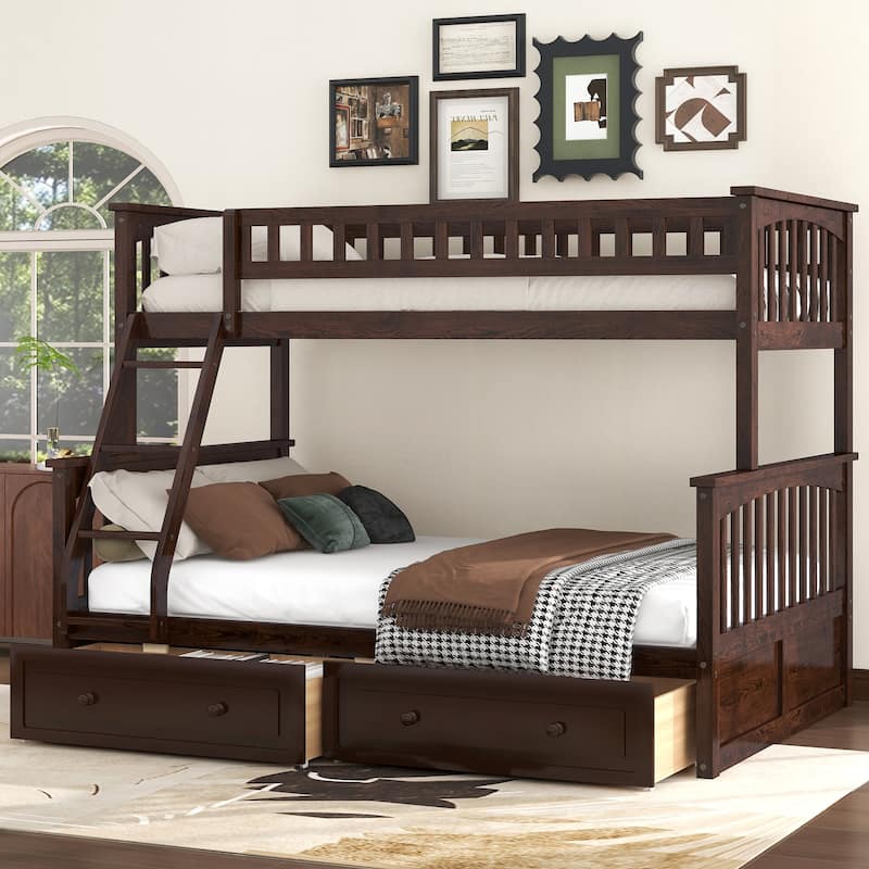 Wooden Twin over Full Bunk Bed with 2 Drawers, Detachable into 2 Beds, Solid Pine Wood Bunk Bed Frame with Fence Guardrail