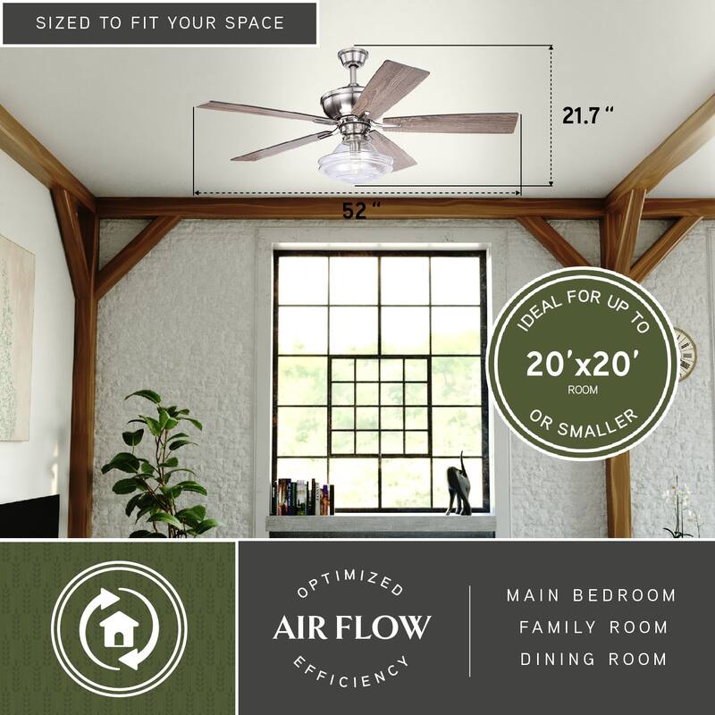 Huntley 52-in. Satin Nickel Farmhouse Indoor Ceiling Fan with Schoolhouse LED Light Kit and Remote