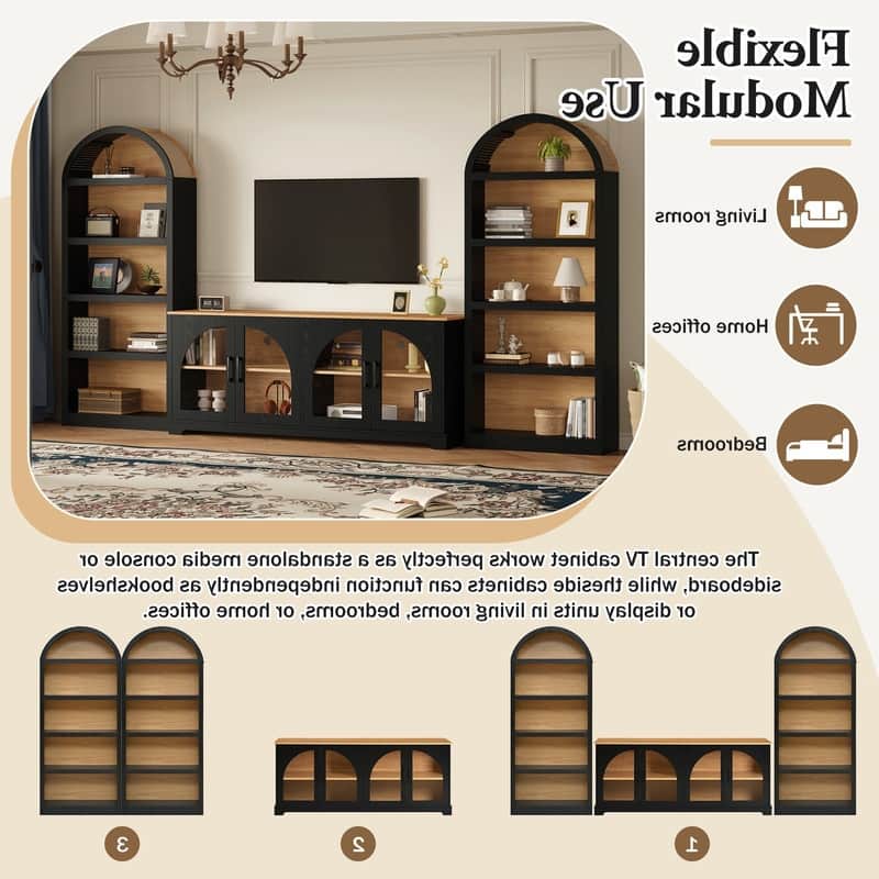 Farmhouse 3-Piece TV Stand Set for TVs Up to 70", Entertainment Center with Arched Sideboard and Glass Doors for Living Room