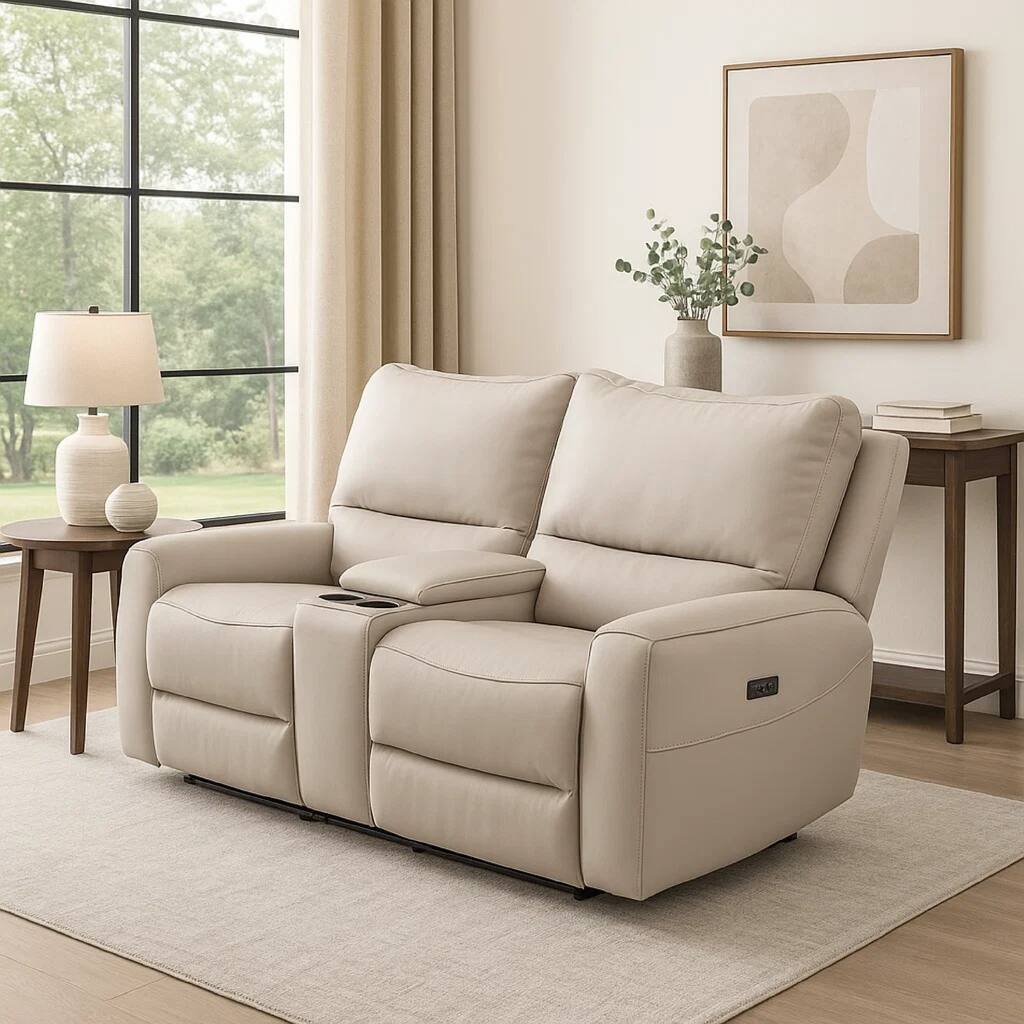 Pono Power Recliner Loveseat, Beige Top Grain Leather Zero Gravity