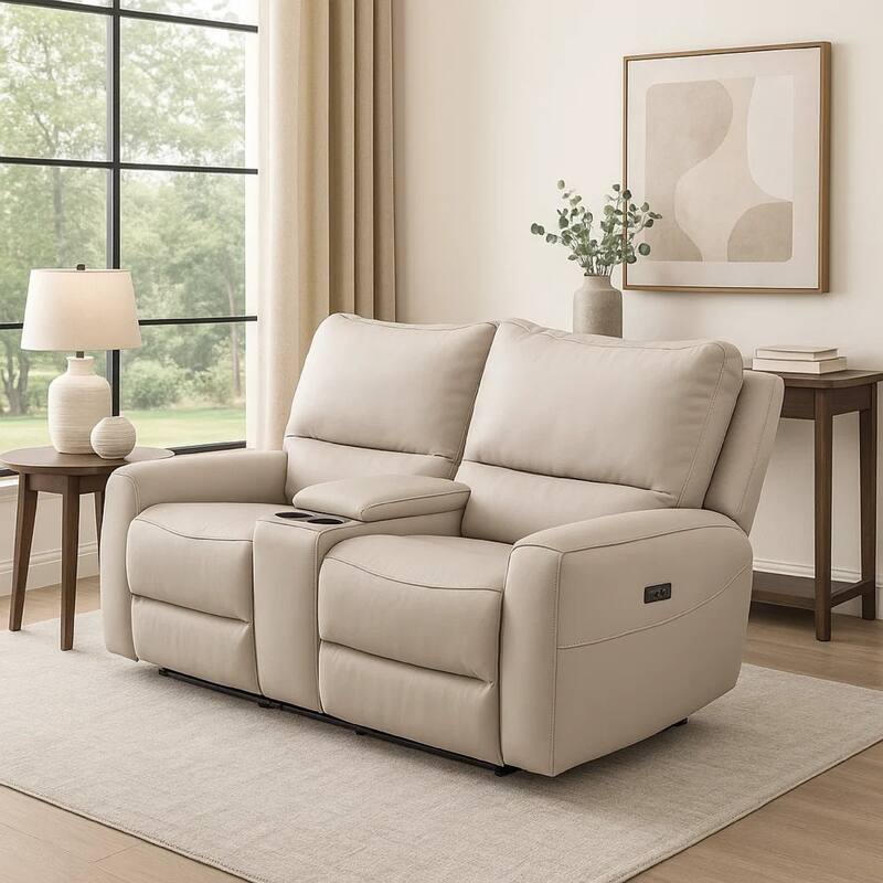 Pono Power Recliner Loveseat, Beige Top Grain Leather Zero Gravity