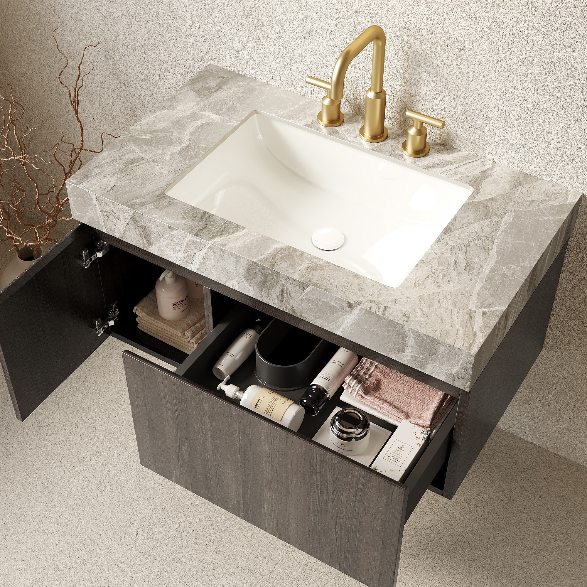 36 Inch Bathroom Vanity Sink Floating Plywood Storage Cabinet Drawer Door Sintered Stone Top Ceramic Basin