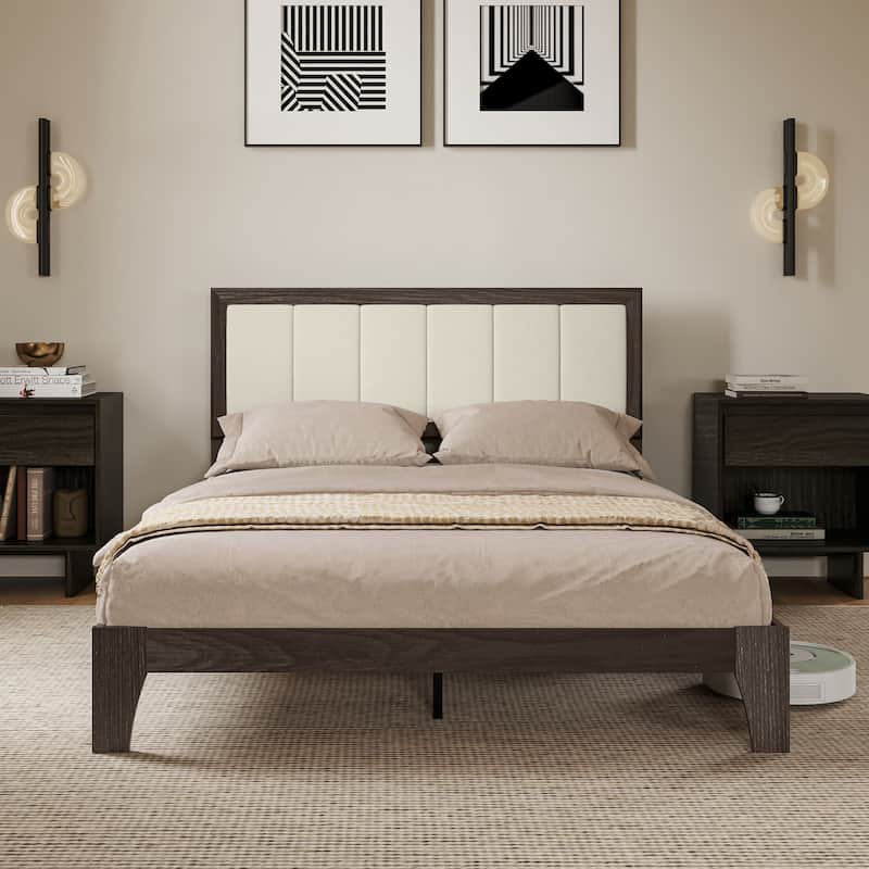 HOMCOM Full Size Bed Frame with Upholstered Headboard, Platform Bed Frame with Wooden Slats - Walnut