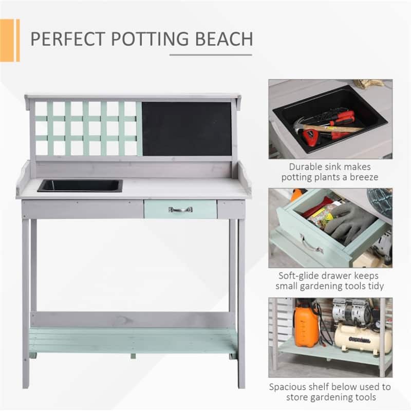 Wooden Garden Potting Bench with Sink, Storage Drawer & Shelves - 36.25" L x 16.75" W x 47" H