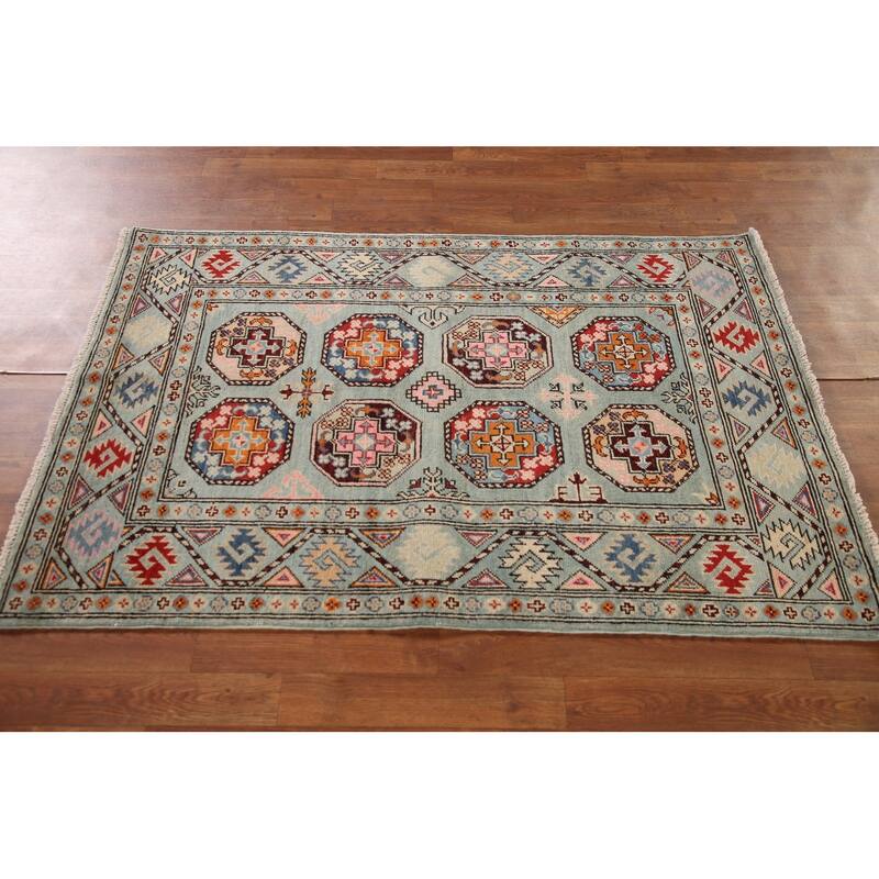 Geometric Kazak Rug Hand-Knotted Blue Wool Carpet - 3'3"x 4'11"