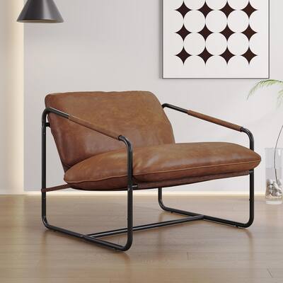 Sling Leather Accent Chair Metal Frame Armchair Comfy Cushion
