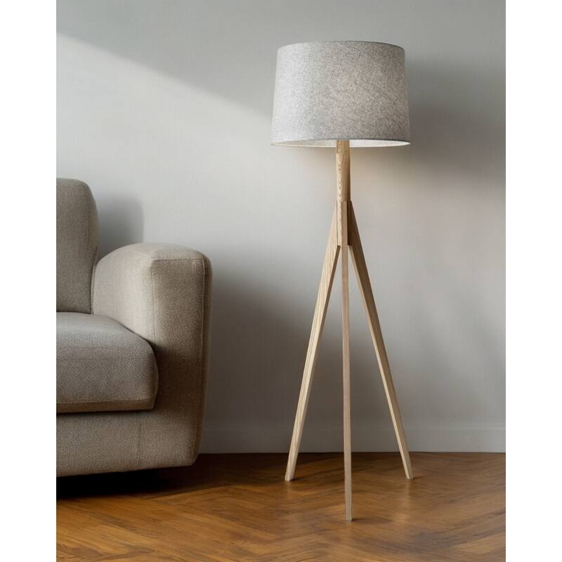 Natural Solid Wood Tripod Floor Lamp with Grey Fabric Empire Shade 3 Way Switch - 18” x 18” x 59.25” (D x W x H)