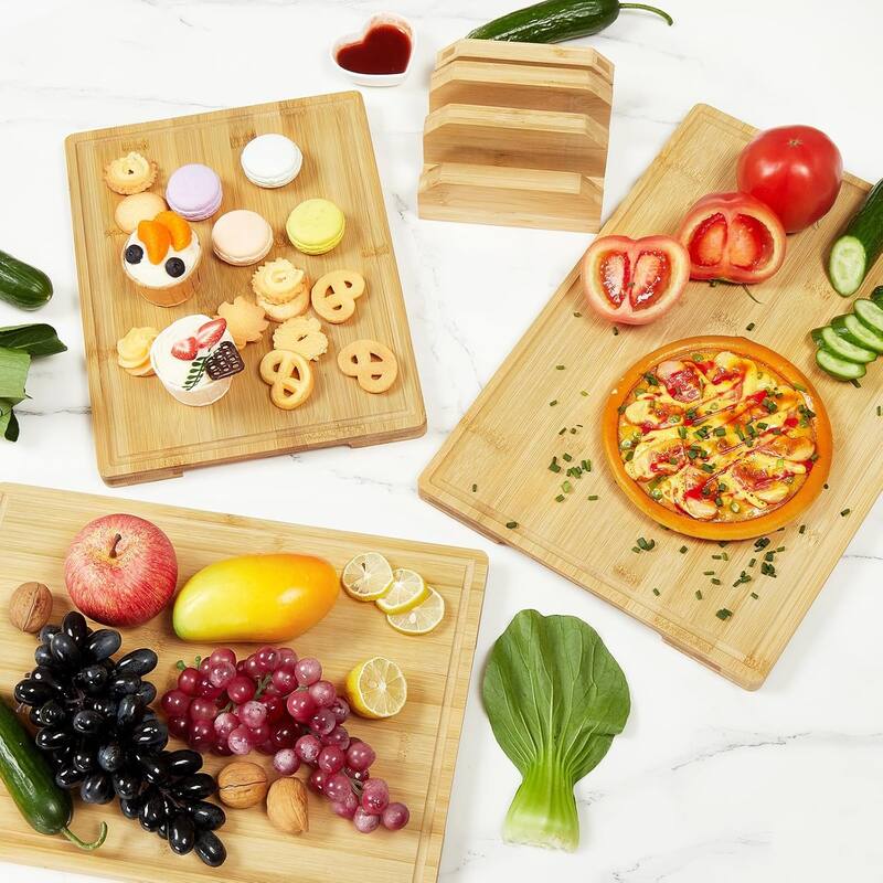 Bamboo Cutting Board Set of 3, Cutting Board Set with Holder, Deep Juice Grooves