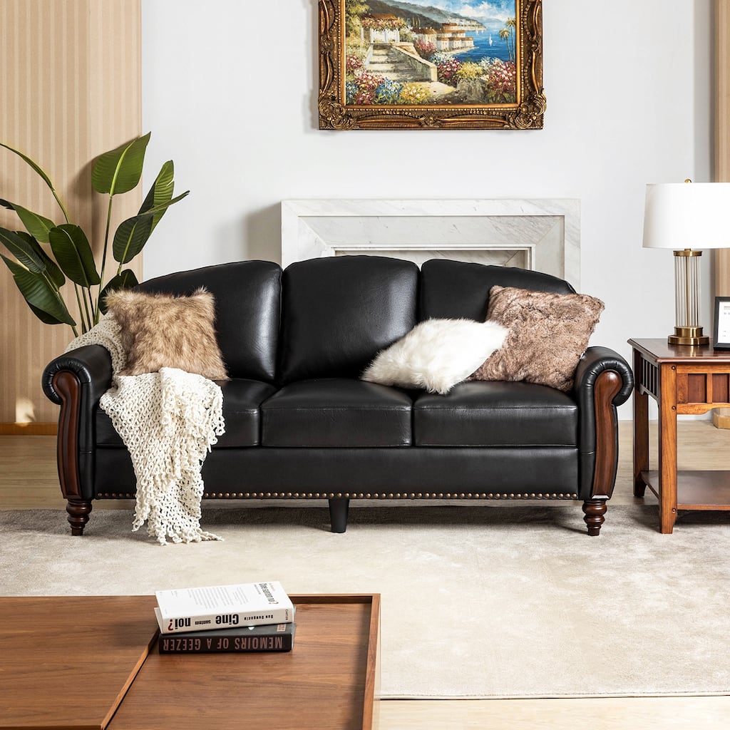 Eduard 84" Traditional Genuine Leather Sofa with Carved Wood Legs by HULALA HOME