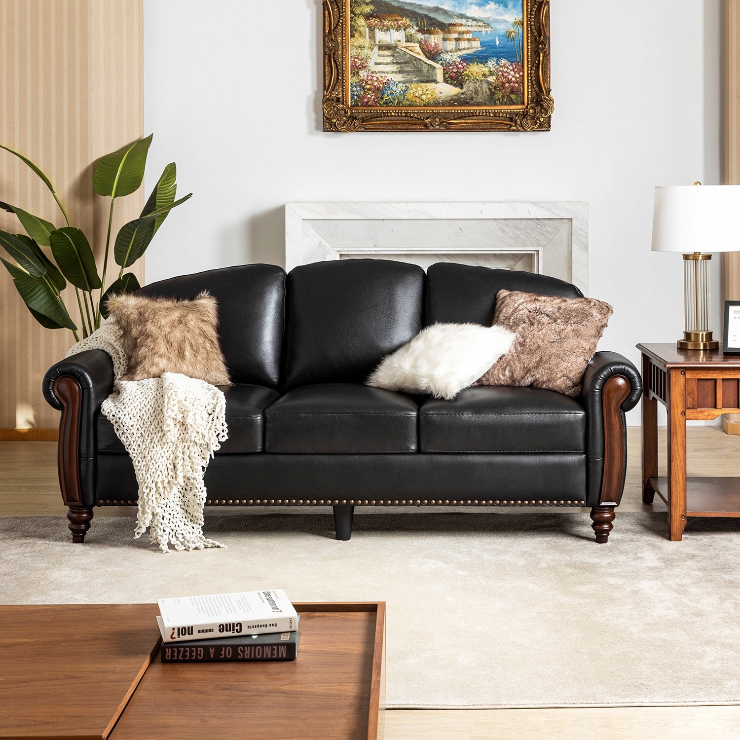 HULALA HOME Eduard 84" Traditional Genuine Leather Sofa with Carved Wood Legs