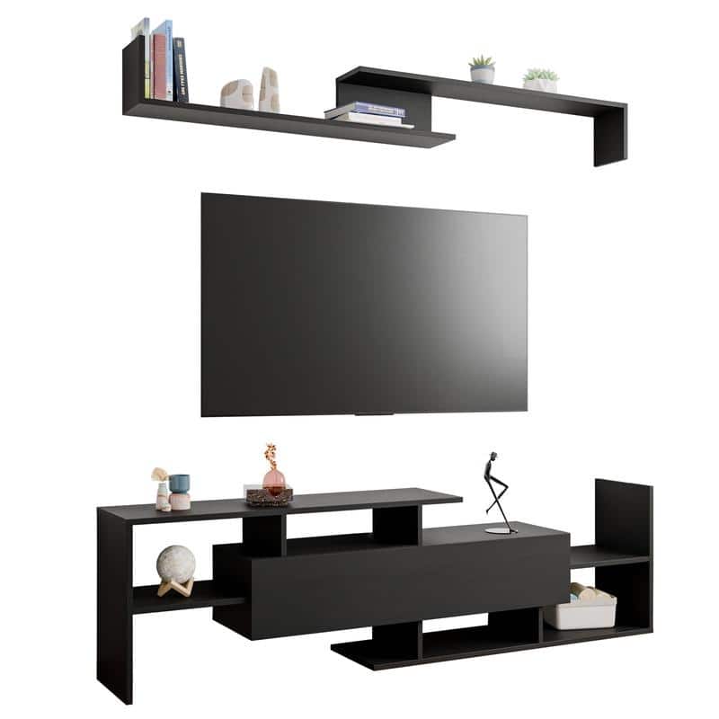 Surrey Multi-functional 60-Inch Modern Wood TV Console with Drawer, Book Case and Open Shelves in Stained Wood Finish