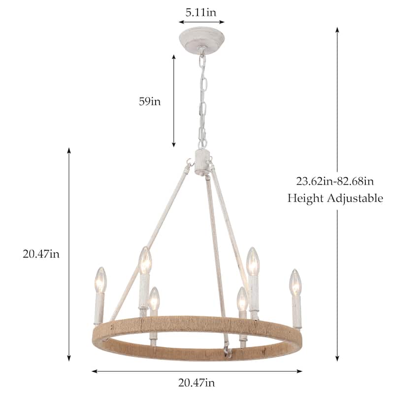 6-Light Rustic Hemp Rope Wagon Wheel Chandelier for Bedroom Foyer Entryway