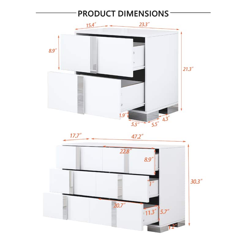 Roomfitters 3-Piece Bedroom Set, Elegant 6-Drawer Dresser and 2 Nightstands with Metal Handles