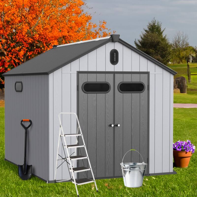 Waterproof Resin Garden Shed with Double Wall Panels & Rain Gutter Weatherproof Storage Shed, Hinged Double Doors