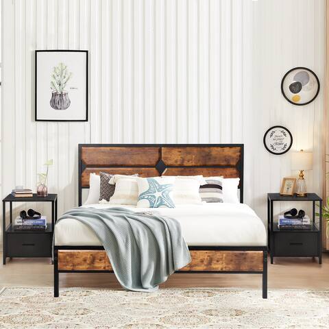 Modern 3 Piece Bedroom Set with Platform Bed Frame and Nightstand