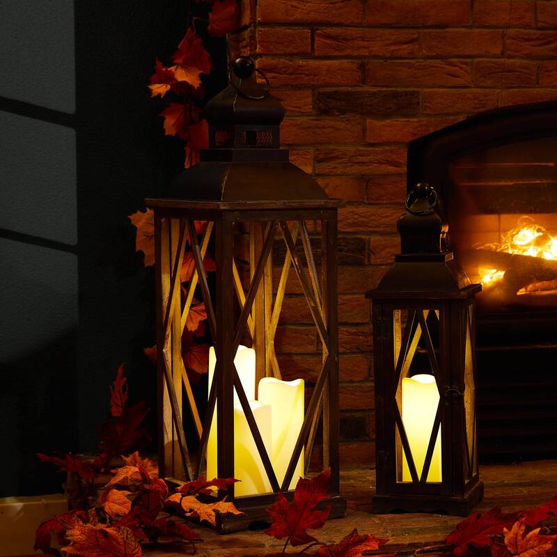 Glitzhome 2-piece Vintage Farmhouse Style Wood/ Metal Lantern Set