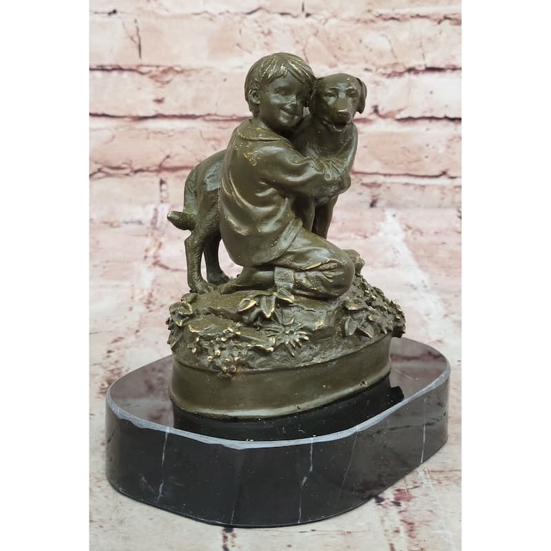 Boy Hugging Imitative Dog Bronze Sculpture On Marble Base