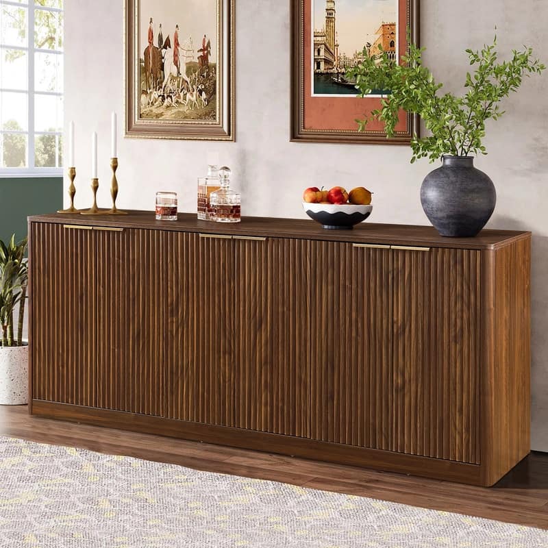 Modern 67" Fluted Buffet Sideboard Cabinet with Shelves, TV Stand Storage Cabinet with 4 Wave Doors for Organized Living Spaces