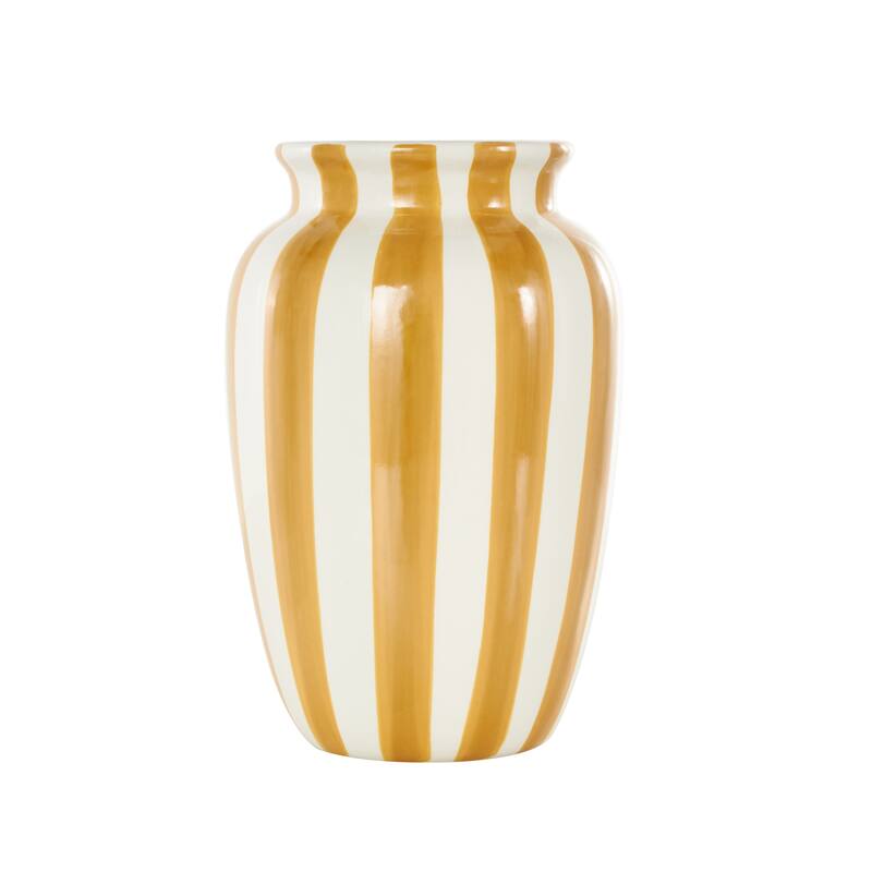 White Ceramic Round Wide Decorative Vase with Yellow or Teal Vertical Stripes