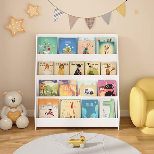 slide 2 of 9, 4-Tier Kids Bookshelf, Toddler Book Display Shelves, Helps Keep Bedrooms, Playrooms and Classrooms Organized,White White