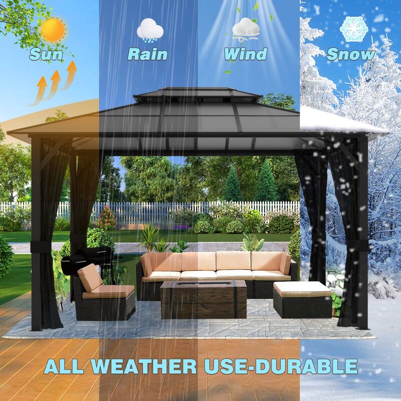VEIKOUS 13' x 10' Outdoor Hardtop Gazebo with Aluminum Frame and Double Roof, Patio Gazebo with Premium Nettings