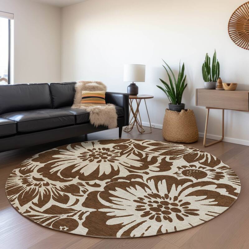 Machine Washable Indoor/ Outdoor Whimsy Floral Chantille Rug - Brown - 8' x 8'