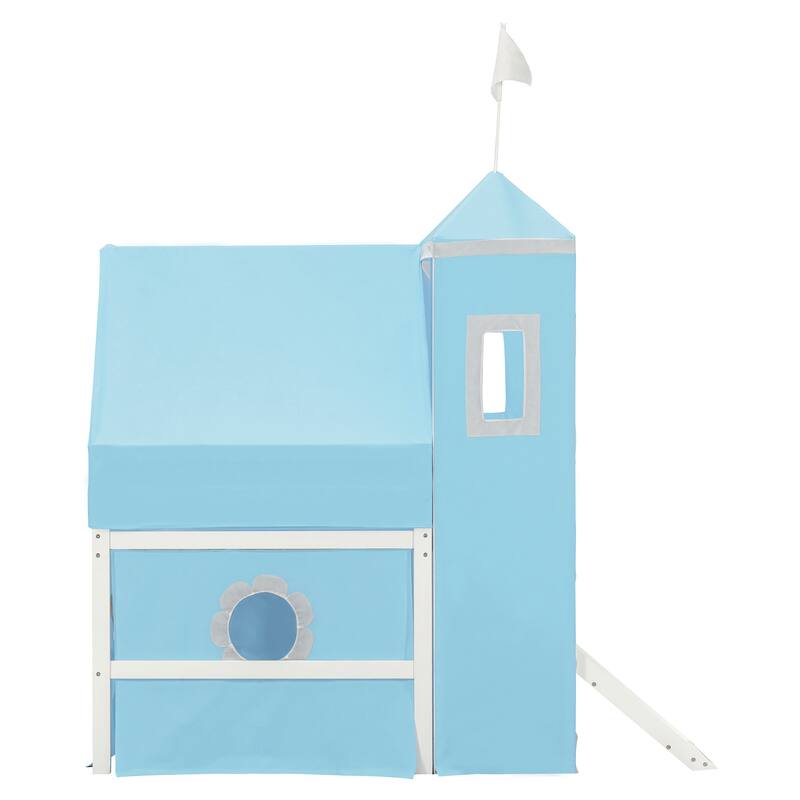 Roomfitters Full Size Loft Bed with Slide, Pink Tent and Tower Playhouse Design