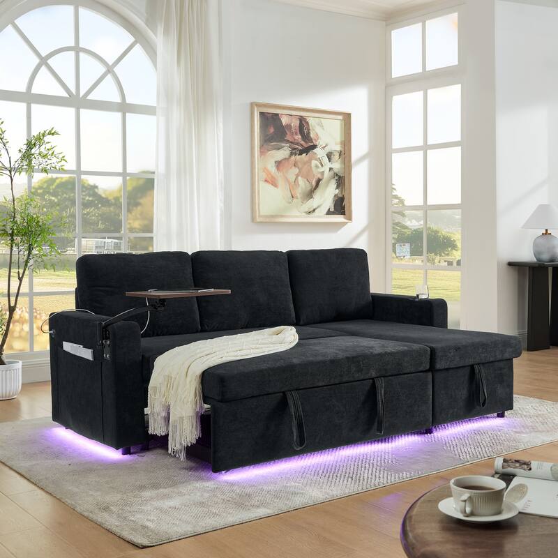 Pull Out Sleeper Sofa Bed Chenille L-shaped Sectional Couch with Storage Chaise, Retractable Table, LED, USB and Cup Holders