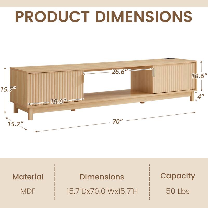 EROMMY 58/70 inch Mid Century Modern TV Stand with Fluted Doors, Entertainment Center with Power Outlet & Cable Management