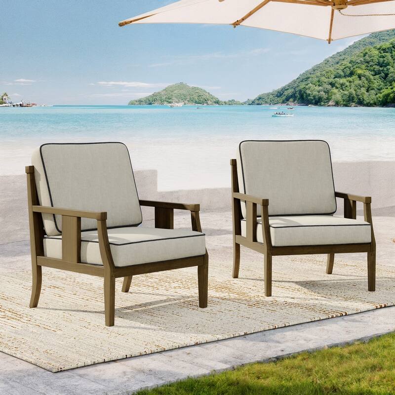 2 Set Brown Wood Outdoor Accent Club Chairs with Water-Resistant Cushions - Light Camel
