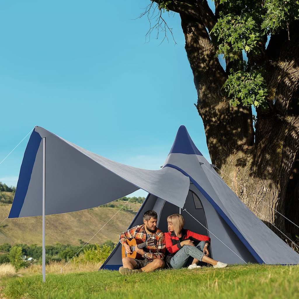 Outsunny Teepee Tent, Easy Set-Up Camping Tent with Porch Area, Floor and Carry Bag