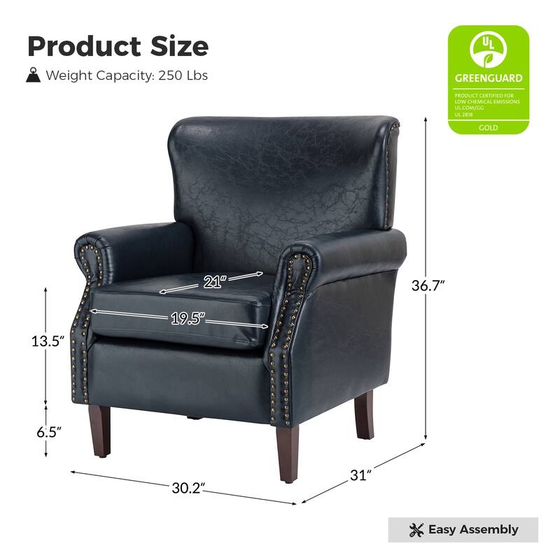Levi Transitional Leather Armchair with Nailhead Trim Rolled Arms by HULALA HOME