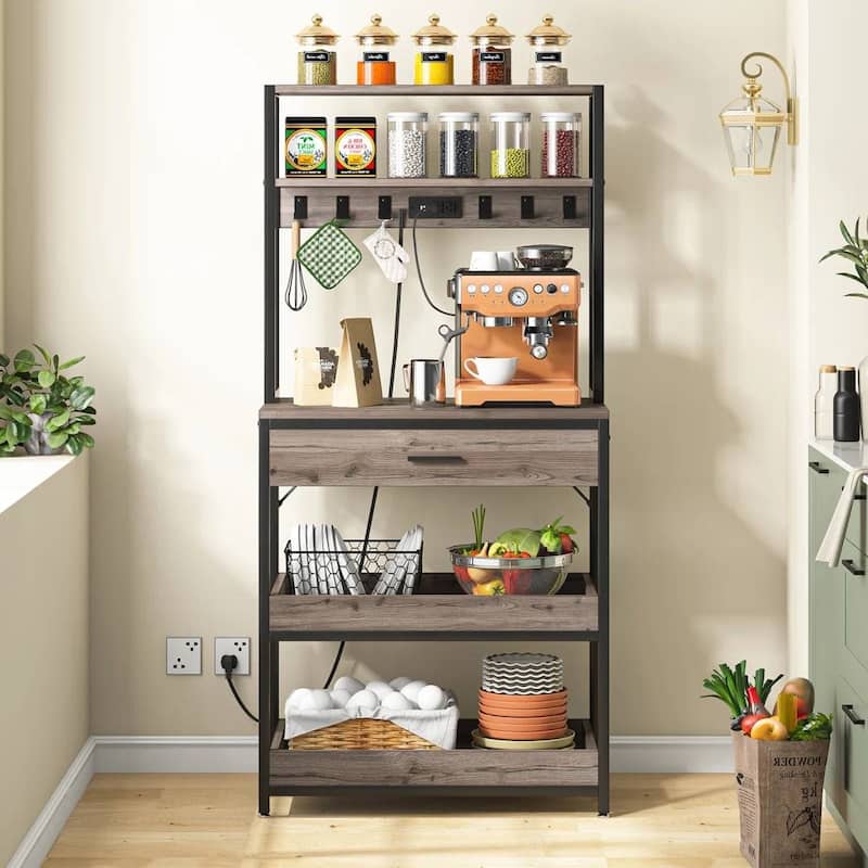 3-Shelf Kitchen Baker’s Rack with Drawers Pull-Out Shelf Microwave Storage and Steel Frame - 64.96”H x 31.50" W x 15.75”D