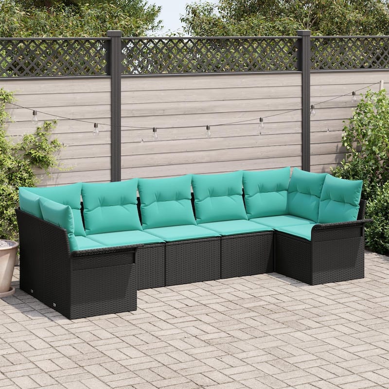 vidaXL 7 Garden Sofa Set with Cushions Black Poly Rattan - 92.1 x 52.2 x 27.2