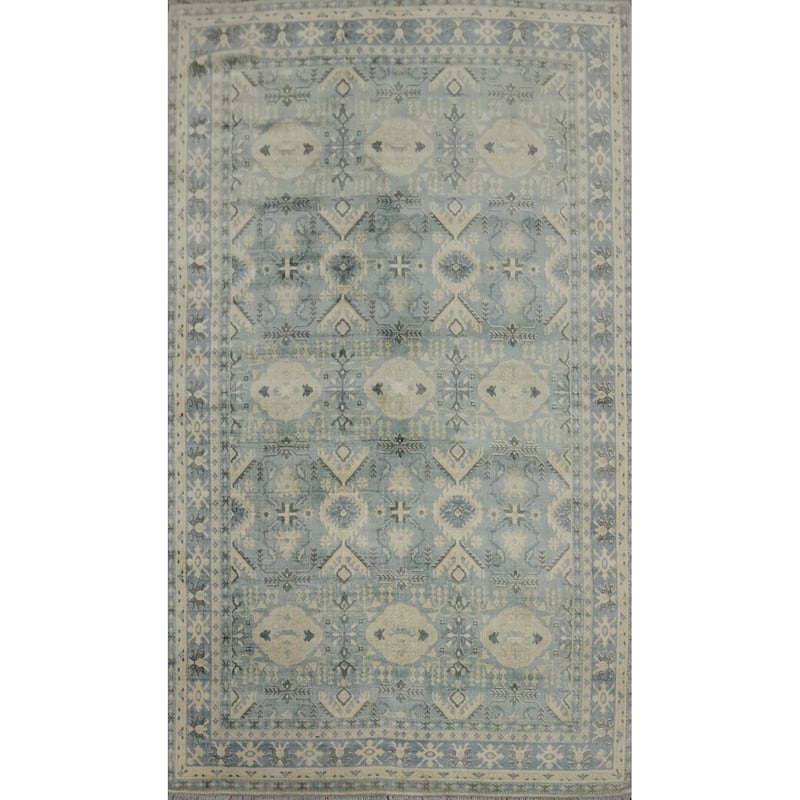 Hand-knotted Transitional Silk Carpet Blue Oushak Rug Geometric Oriental Area Rug - 9' 10'' X 6' 6''