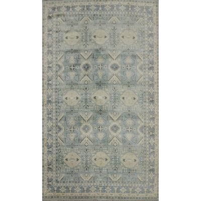 Hand-knotted Transitional Silk Carpet Blue Oushak Rug Geometric Oriental Area Rug - 9' 10'' X 6' 6''