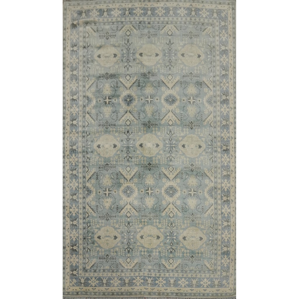 Hand-knotted Transitional Silk Carpet Blue Oushak Rug Geometric Oriental Area Rug - 9' 10'' X 6' 6''