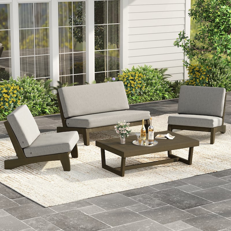 4 Piece Outdoor Wood Loveseat Chair Conversation Set with Cushion - Brown Wood - Light Camel