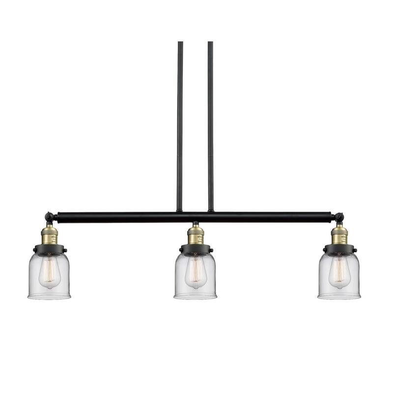 Innovations Lighting Small Bell 3 Light 38" Wide Linear Chandelier - Black / Antique Brass / Clear