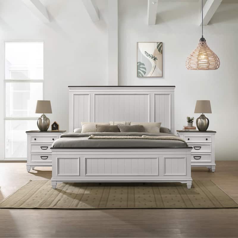 Roundhill Furniture Clelane 3-Piece Wood Bedroom Set, Shiplap Panel Bed and 2 Nightstands - Antique White - King