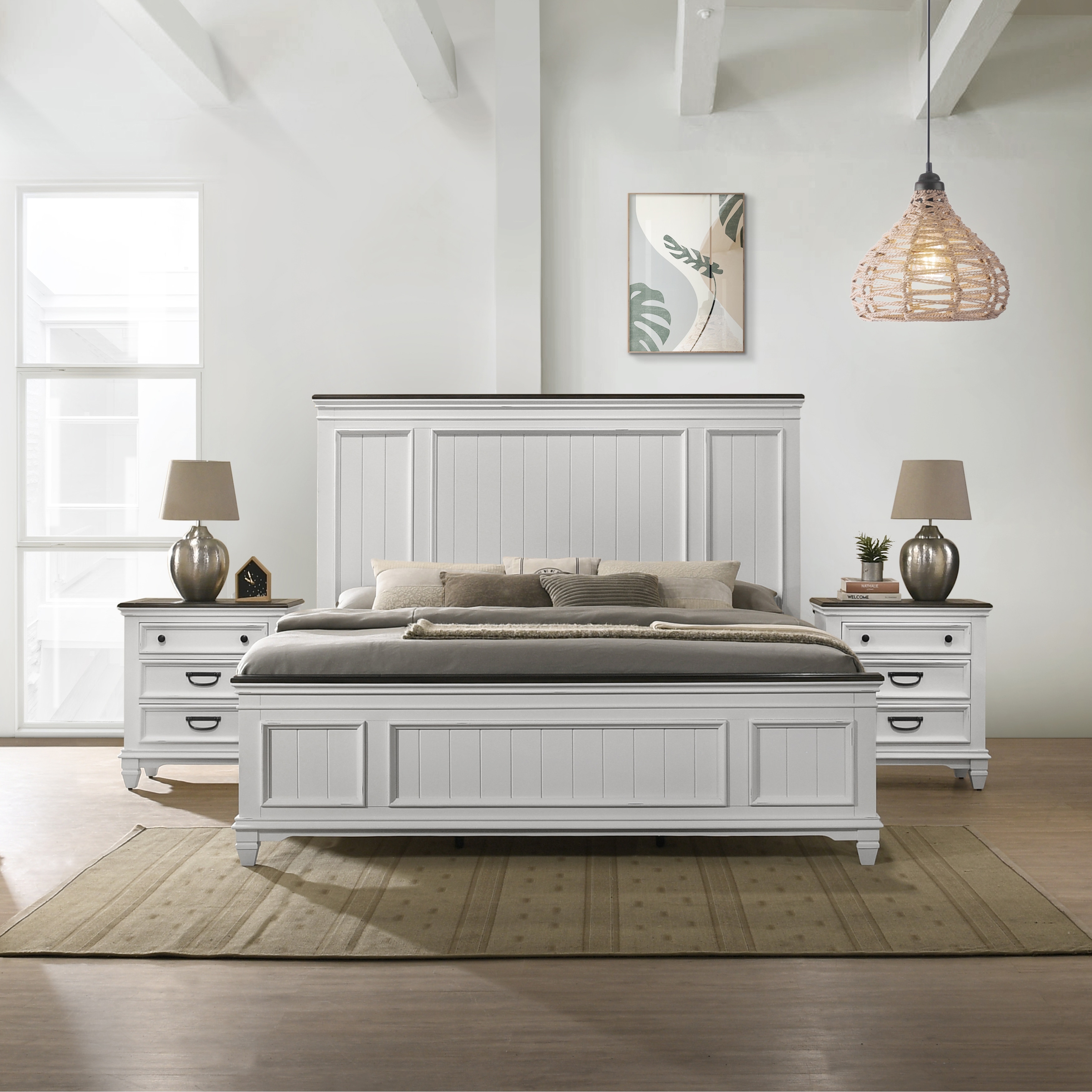 Roundhill Furniture Clelane 3-Piece Wood Bedroom Set, Shiplap Panel Bed and 2 Nightstands