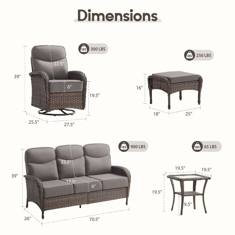 Luna 6-Piece Wicker Patio Conversation Set with Swivel Gliders and 6-Inch Thick Olefin Cushions