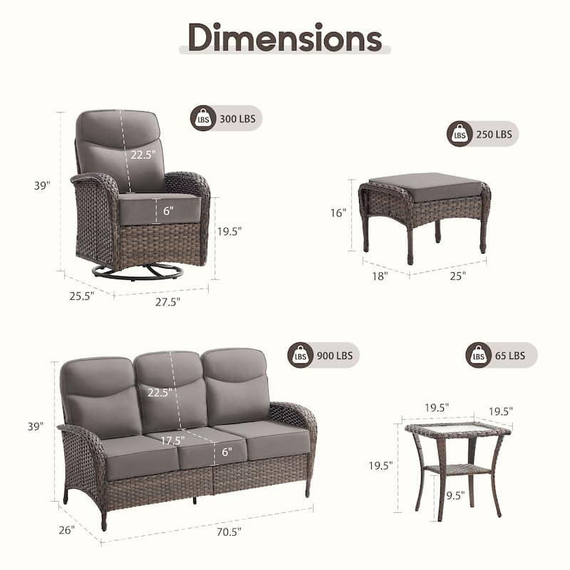 Meyreso 8-Piece Wicker Patio Conversation Set with Swivel Gliders and 6-Inch Thick Olefin Cushions