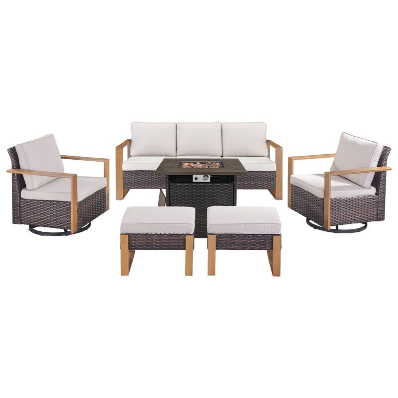 Pocassy Outdoor Fire Pit with 3-Seat Sofa Swivel Chairs Patio Furniture Set